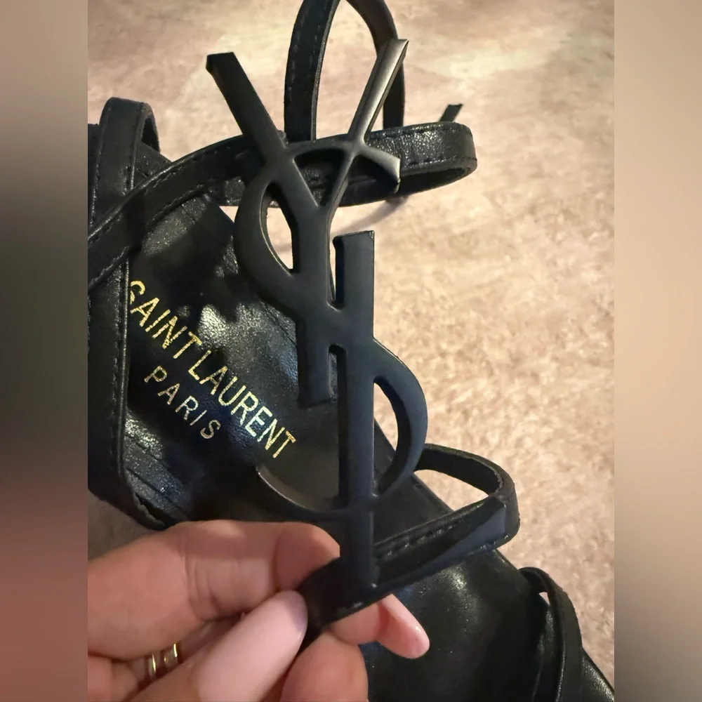Saint Laurent Black Strappy Wedge Sandals YSL logo - Picture 10 of 10